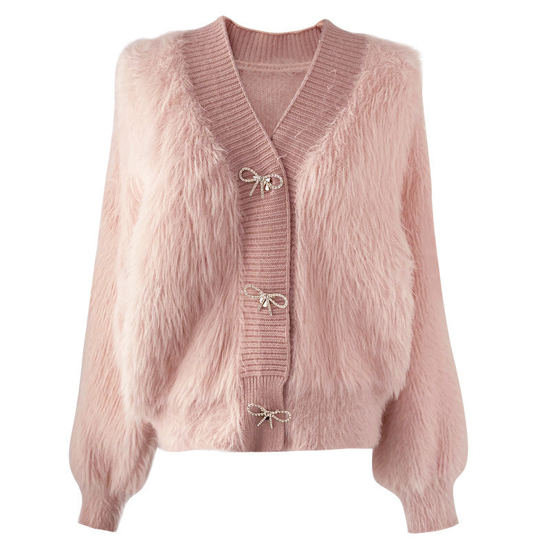 Damen Flauschcardigan Elegante Knopfverzierung Beige