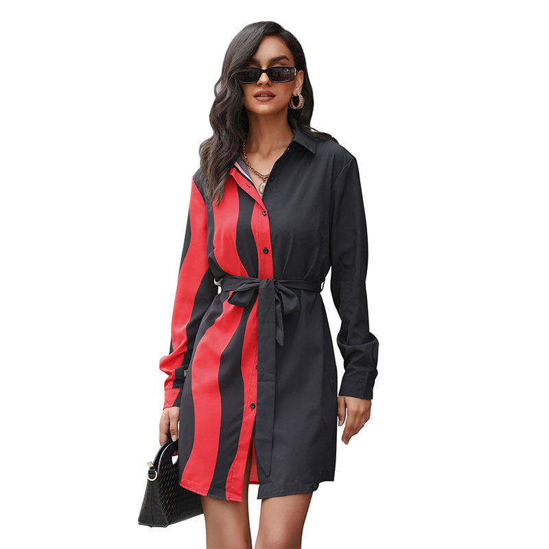 Damen Langarm-Hemdblusenkleid mit Gürtel Asymmetrisch Eveloria