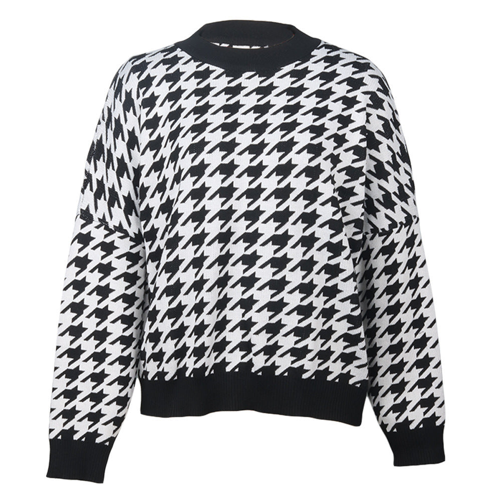 Damen Strickpullover Hahnentrittmuster Lässig Grün Eveloria