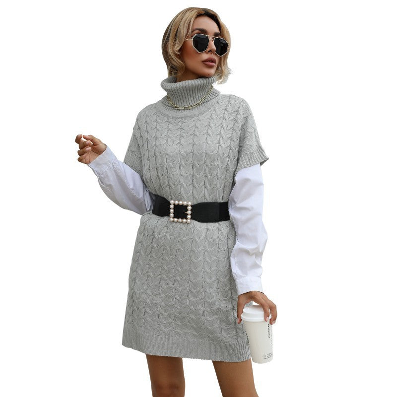 Damen Strickkleid Hochkragen Zopfmuster Eveloria