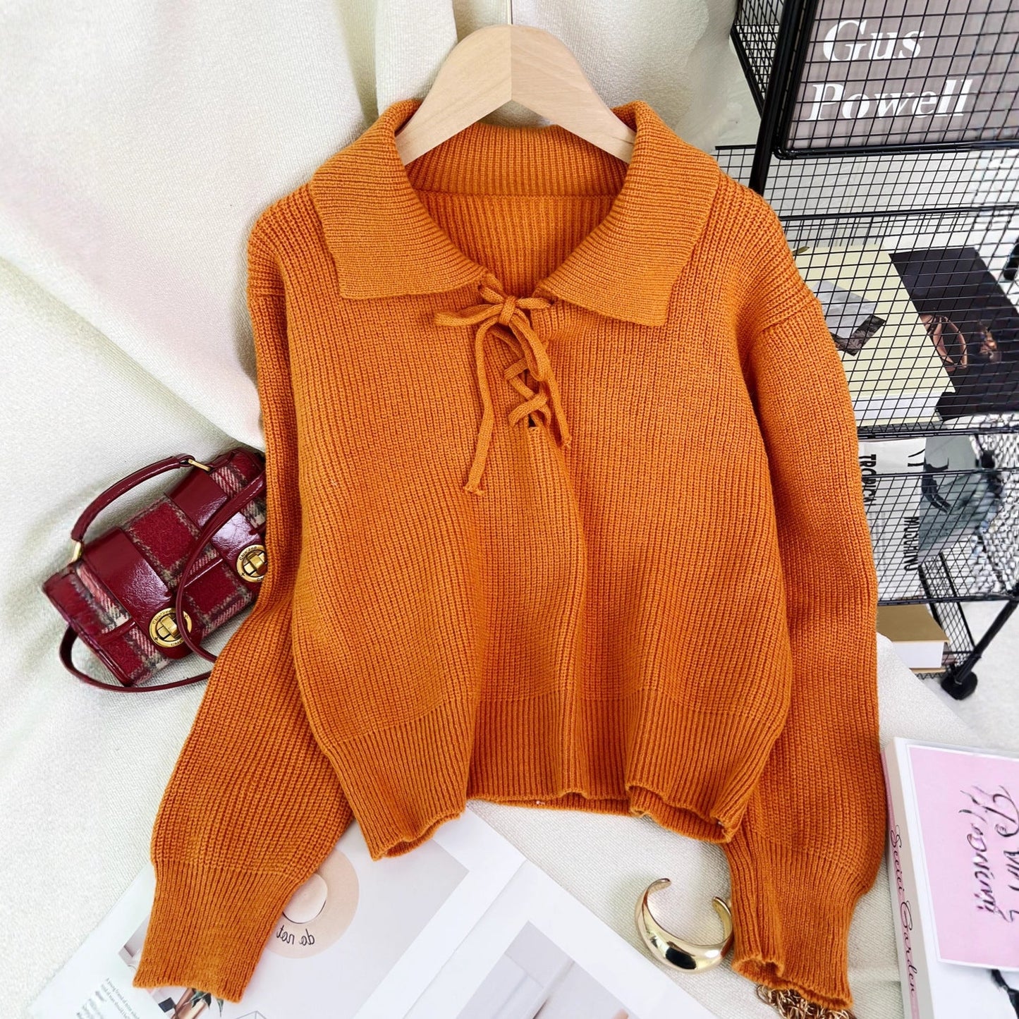Damen Pullover Polokragen Kordelzug Grau Eveloria