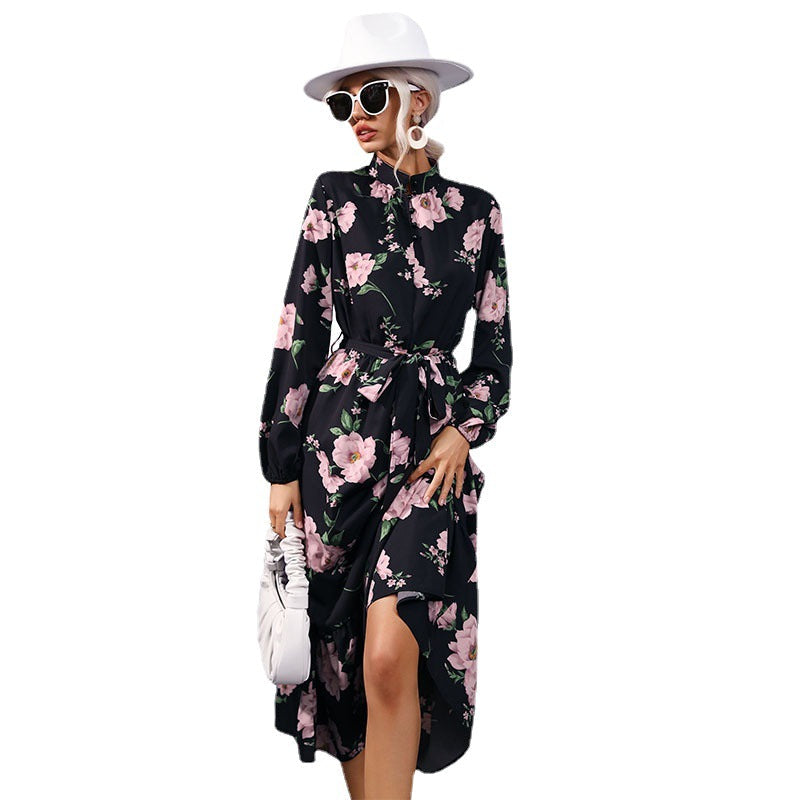 Damen Maxikleid Florale Rüschendetails Eleganter Bund
