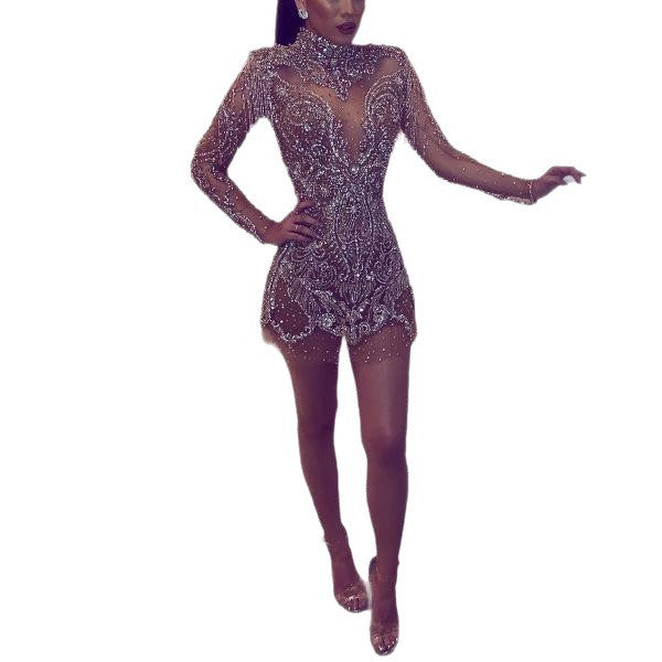 Damen Pailletten-Kleid Transparente Elemente Fransen