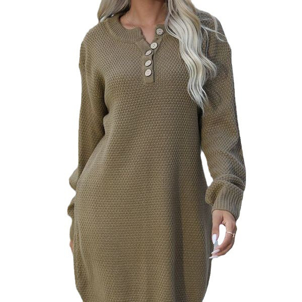 Damen Strickkleid Lässiger Schnitt Mit Knöpfen Beige