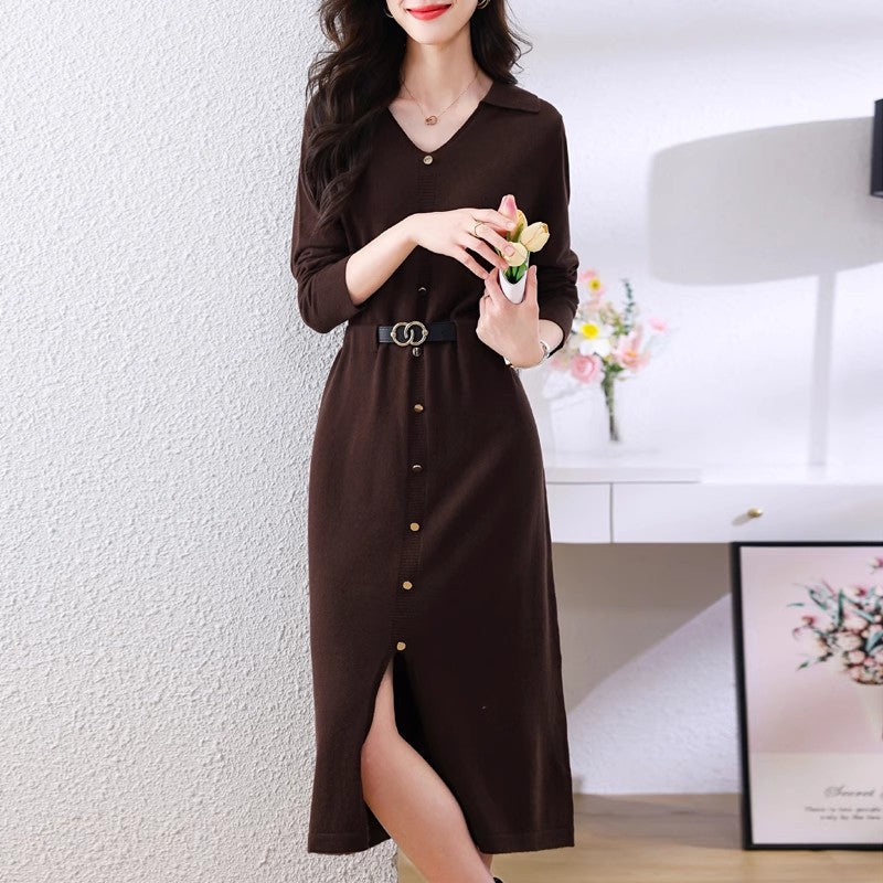Damen Midi-Kleid Knöpfe Tailliert Eveloria