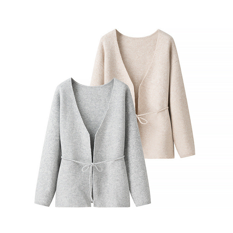 Damen Strickjacke Kuschelig Mit Bindegürtel Beige