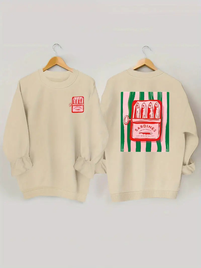 Damen Sweatshirt Sardinen-Grafik Lässig Grau Eveloria