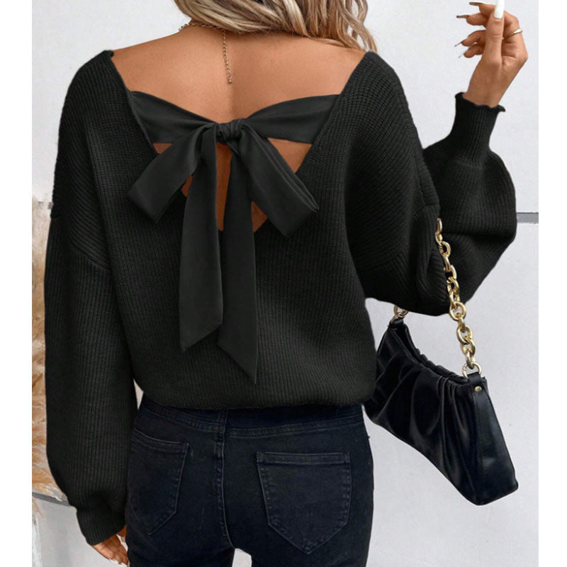 Damen Strickpullover V-Ausschnitt Schleifen-Detail Eveloria
