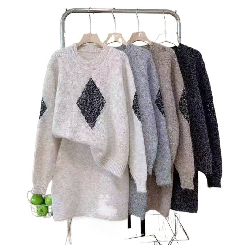 Damen Strickpullover Diamantmuster Gemütlich Eveloria