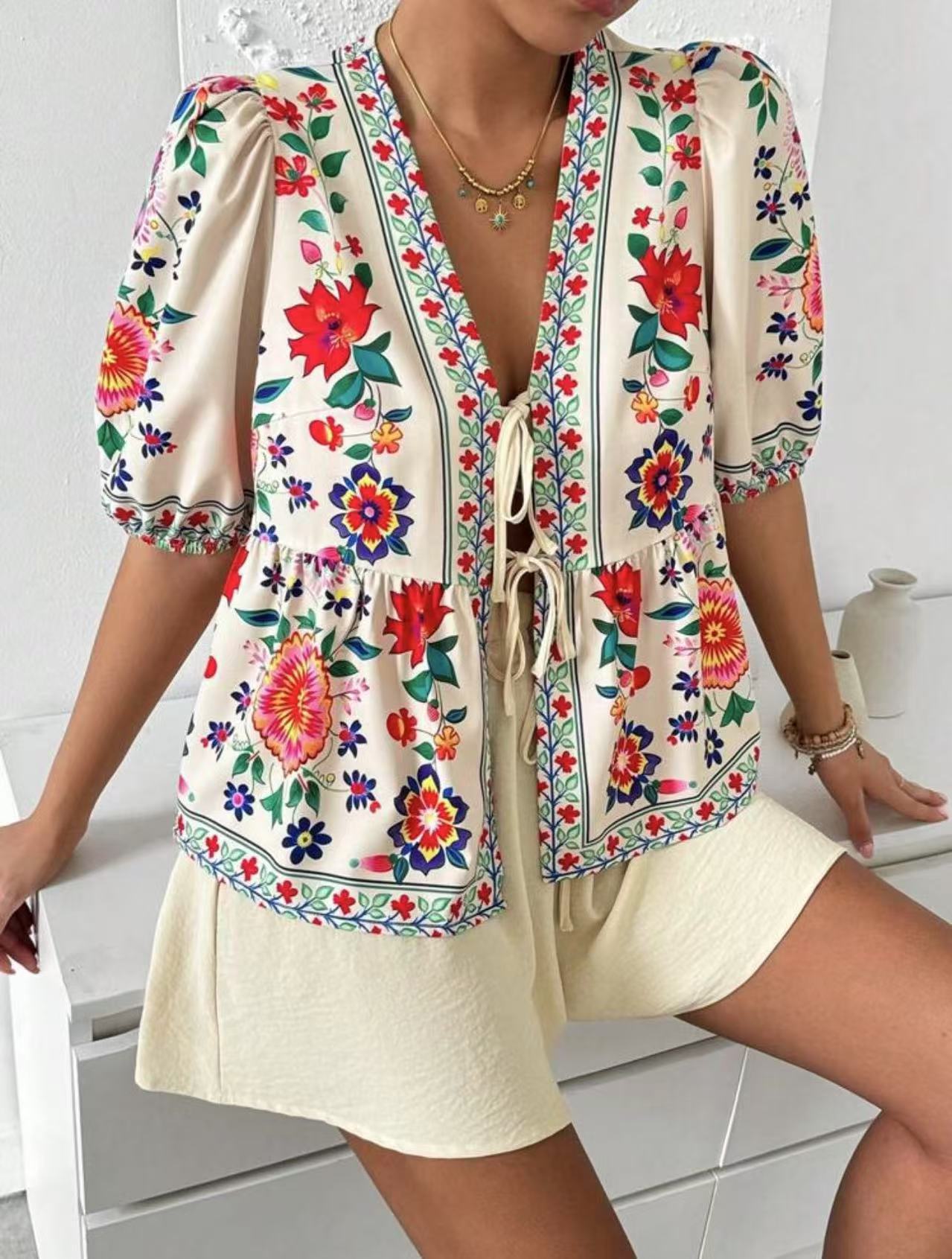 Damen Blusenshirt Bunt Blumenmuster Locker Eveloria