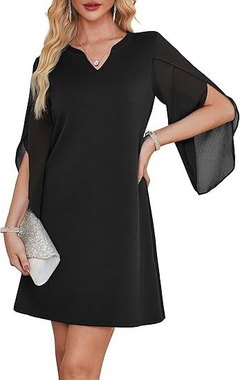 Damen V-Ausschnitt Kleid transparente Ärmel Eveloria