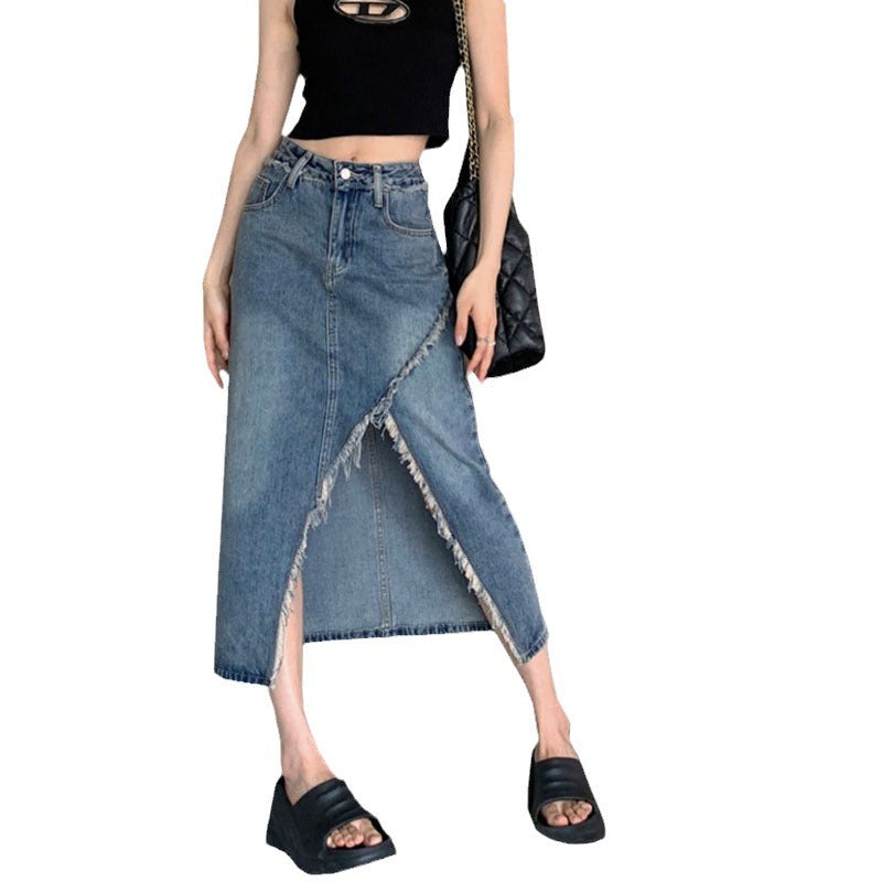 Damen Denim Midi-Rock Asymmetrischer Saum Blau