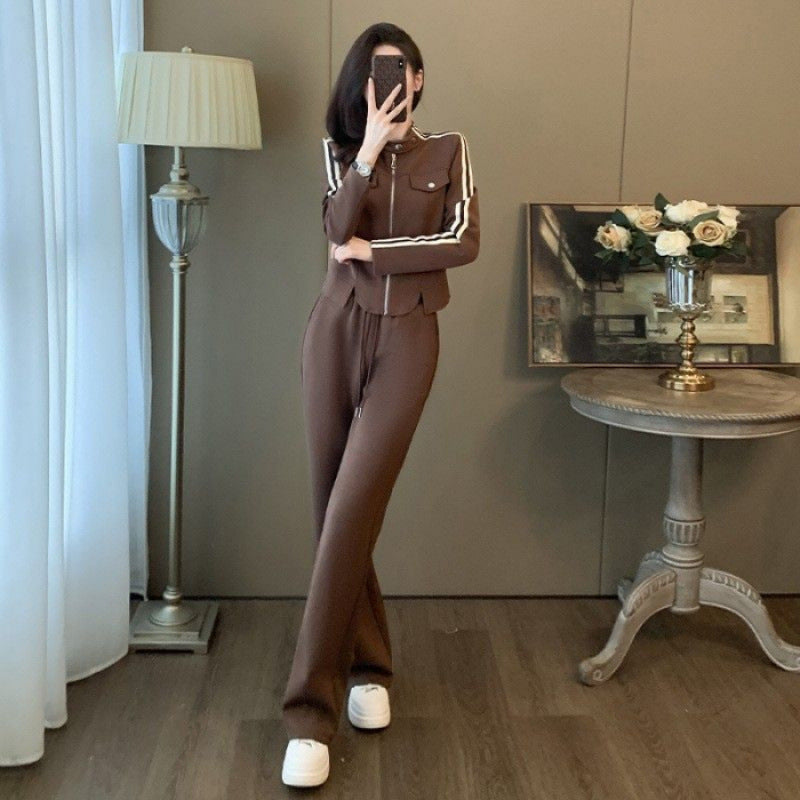Damen Freizeitanzug Set mit Reißverschluss und weiten Hosen