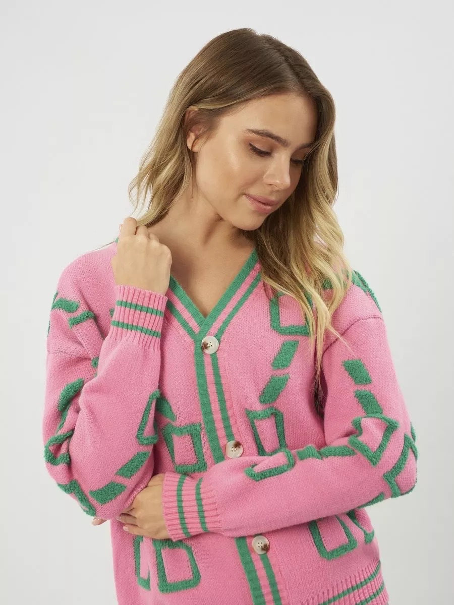 Damen Strickjacke Bunt Geometrisches Muster Knöpfe Eveloria
