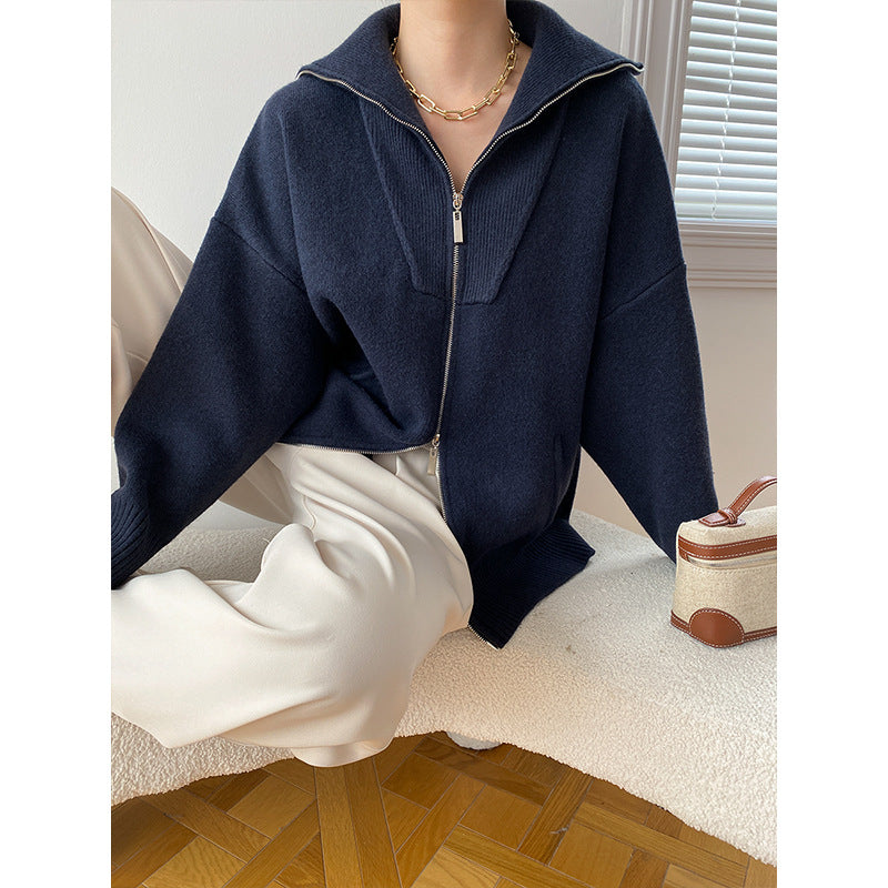 Damen Strickjacke Mit Reißverschluss Hoch Kragen Beige