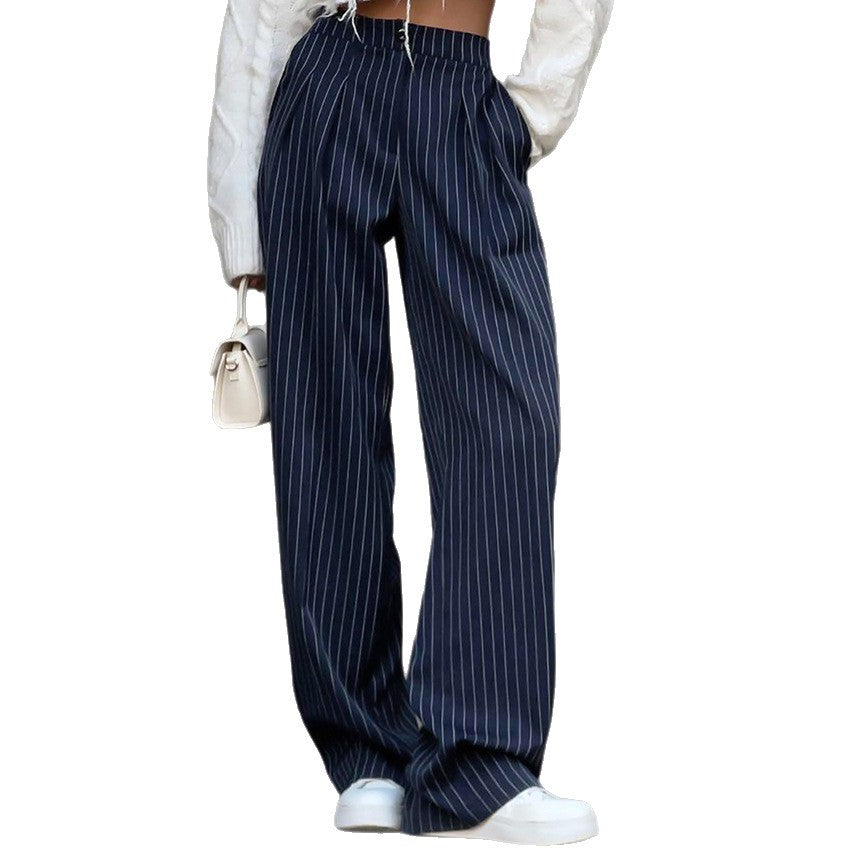 Damen Stoffhose Weit Nadelstreifen Elastischer Bund Beige