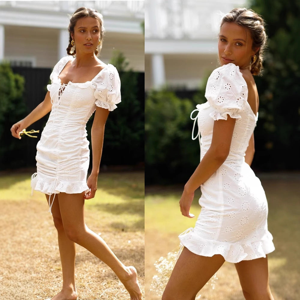 Damen Spitzenkleid Rüschendetails Weiß