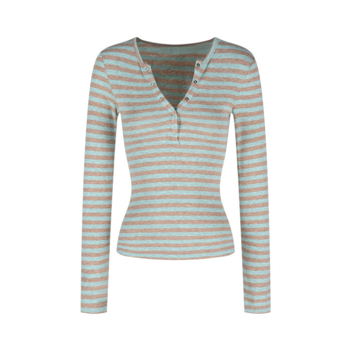 Damen Langarmshirt Modern Streifen Knopfleiste Eveloria