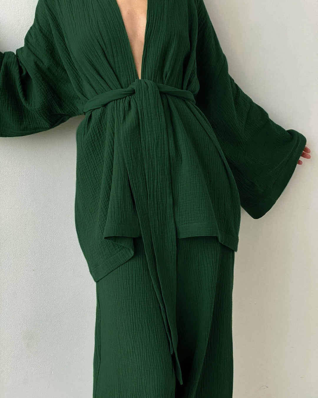 Eveloria Damen Zweiteiler Grün Crêpe Langarm Hose