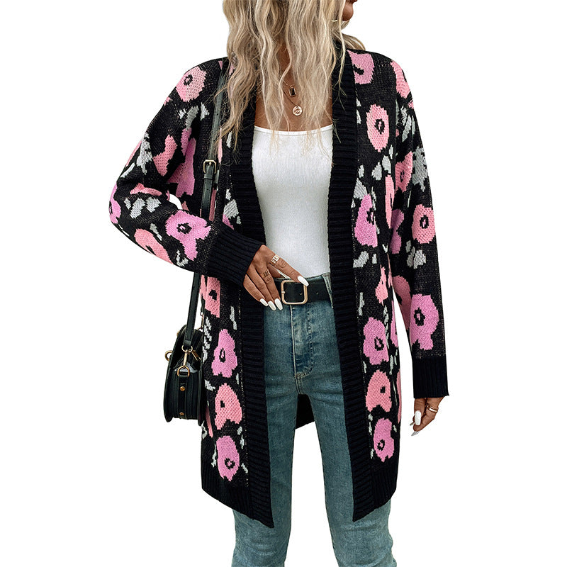 Damen Strickjacke Florales Muster Offener Schnitt