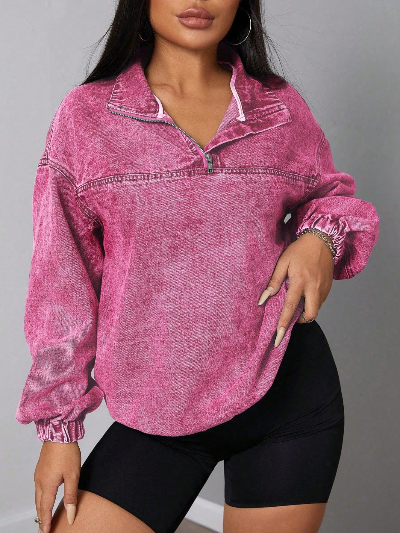 Damen Denim-Pullover Stehkragen Reißverschluss Blau Eveloria