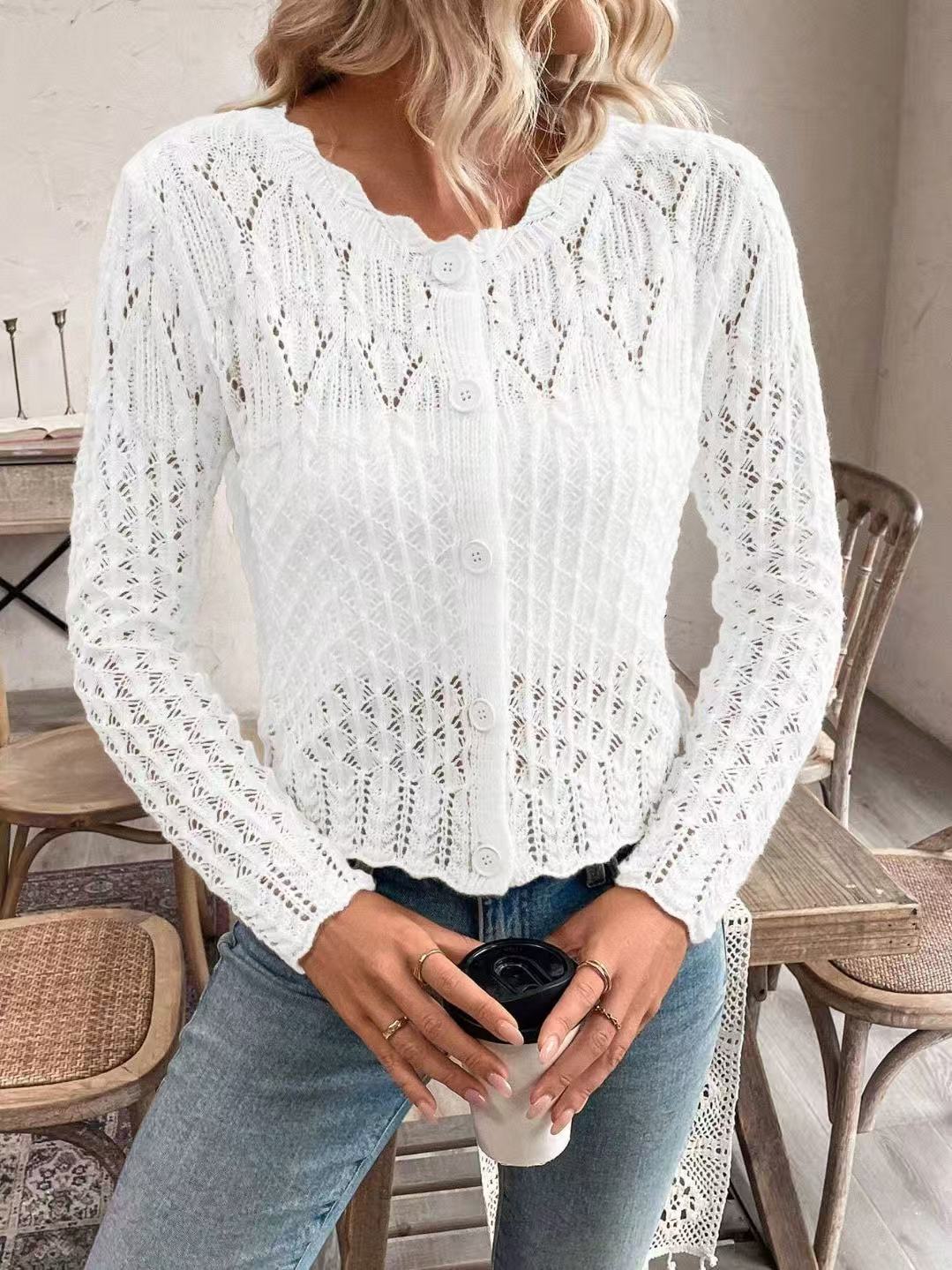 Damen Strickjacke Häkelstruktur Knopflos Beige
