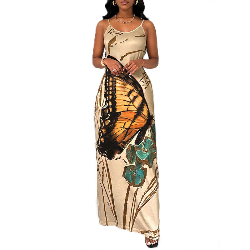 Damen Maxikleid Spaghettiträger Schmetterlingsdruck Eveloria