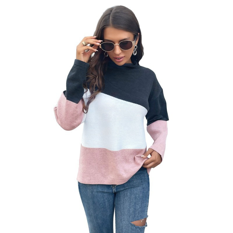 Damen Strickpullover Farbblock-Design Hoher Kragen Eveloria