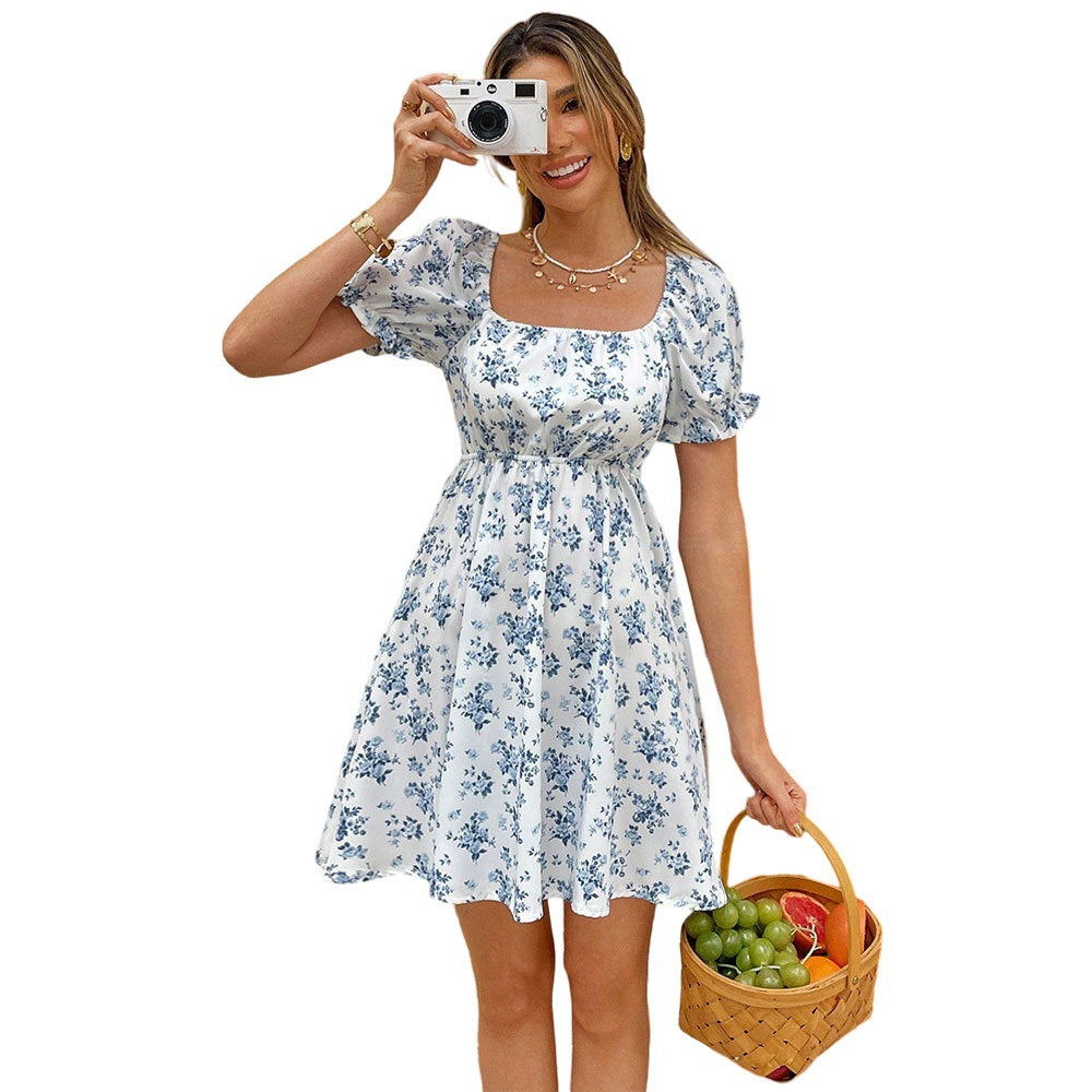 Damen Sommerkleid Blümchenmuster Rückenausschnitt Puffärmel Eveloria