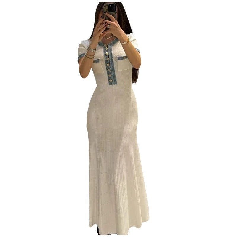 Damen Maxikleid Strukturiertes Jersey Dekorative Knöpfe