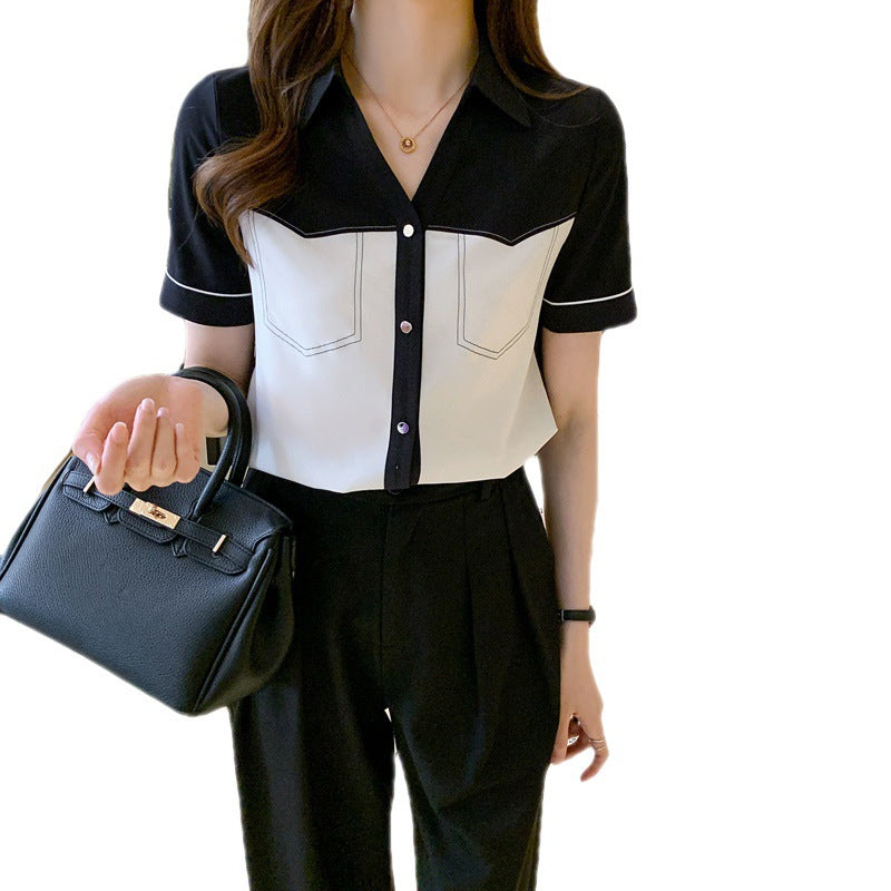 Damen Bluse Kurzarm Kontrasttaschen Modern Elegant