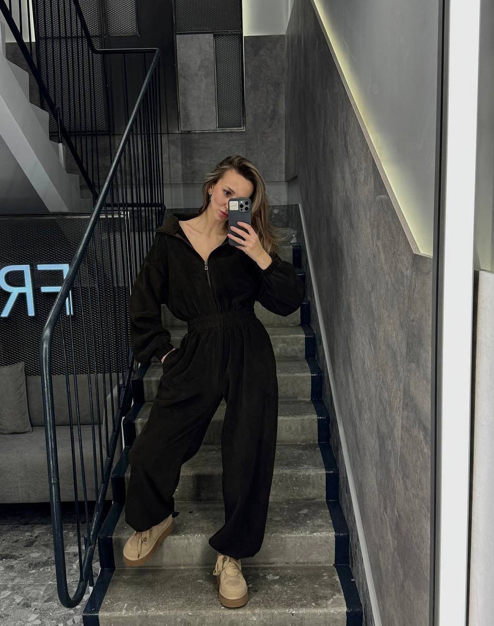 Damen Fleece-Jumpsuit Hochkragen Reißverschluss Eveloria