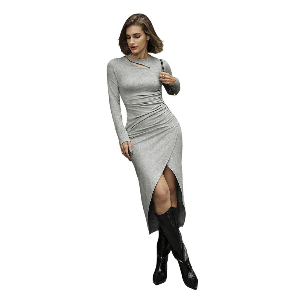 Damen Midi-Kleid Asymmetrischer Ausschnitt Seitlicher Schlitz Eveloria