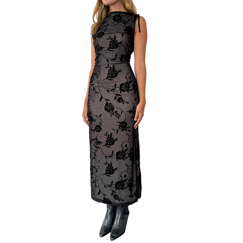 Damen Maxikleid Ärmellos Floralmuster Spitze