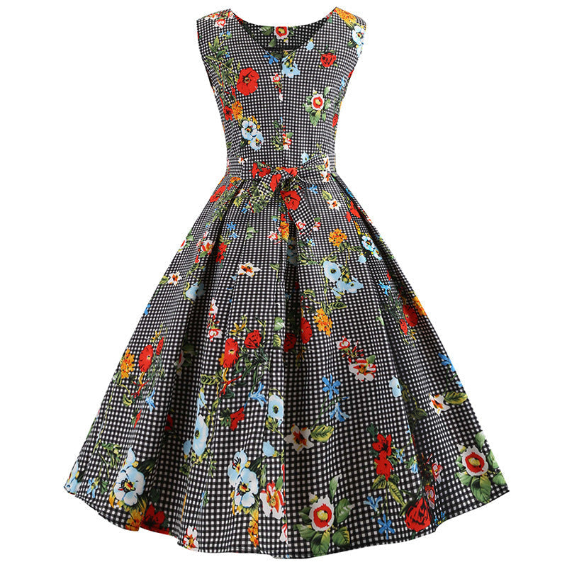 Damen A-Linien Kleid mit Blumenmuster und Karomuster