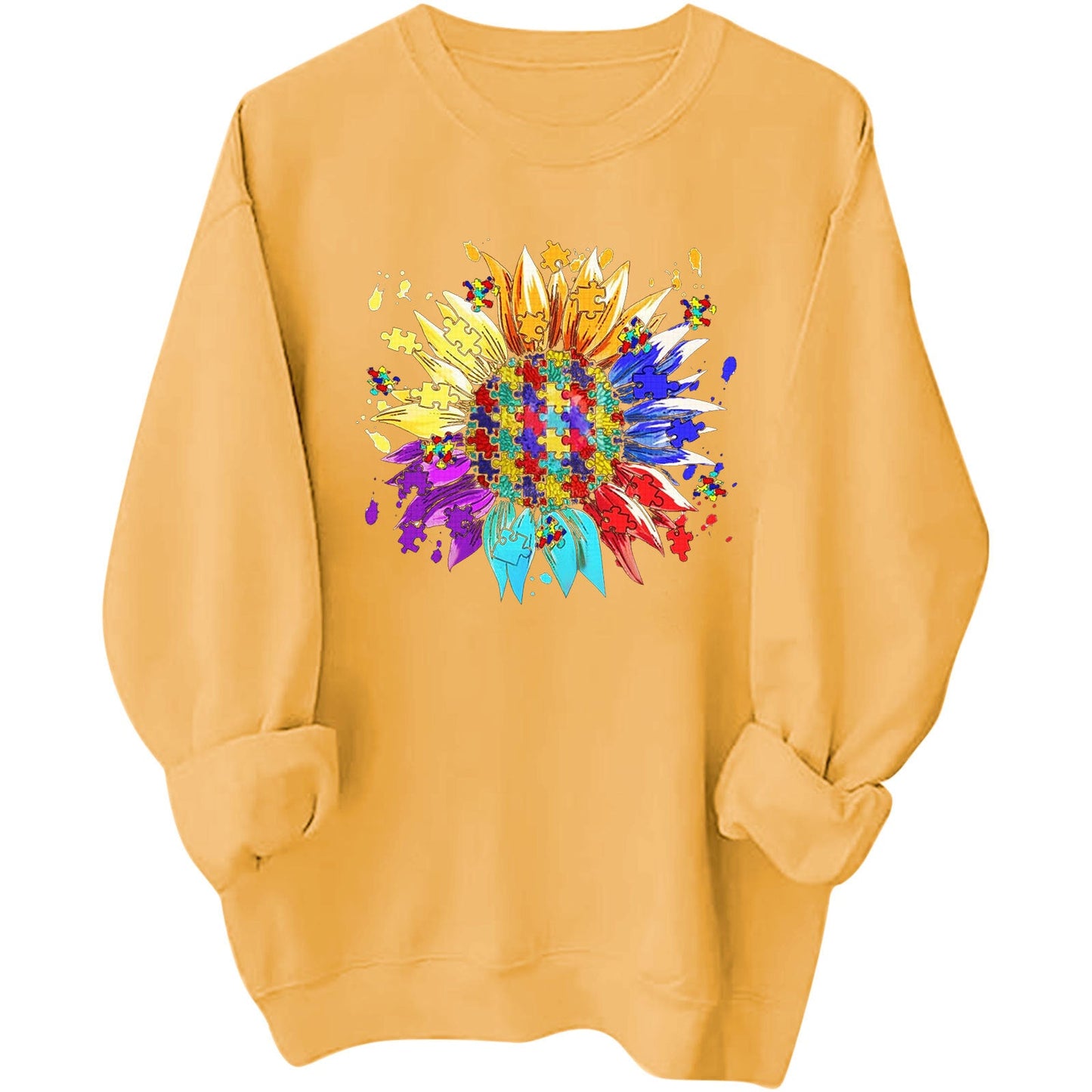 Damen Sweatshirt Puzzle-Blumenmotiv Baumwolle Bequem