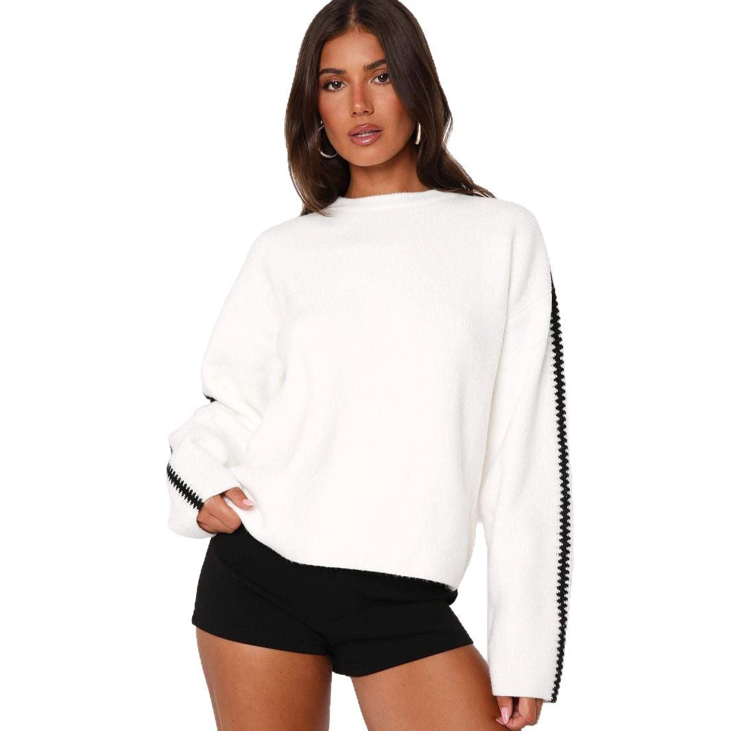 Damen Strickpullover Lässig Rippenmuster Kontrastdetails Beige
