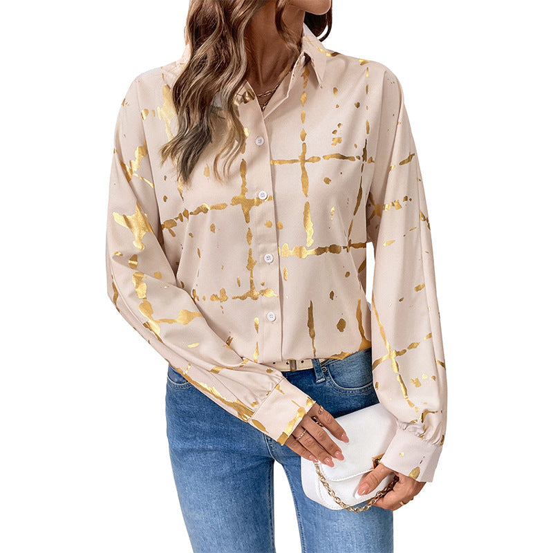 Damen Bluse mit Goldmuster und langen Ärmeln