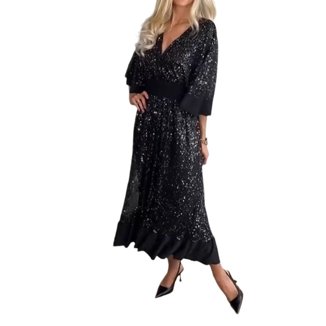 Eveloria Damen Abendkleid Voluminöse Ärmel Glitzer Effekt