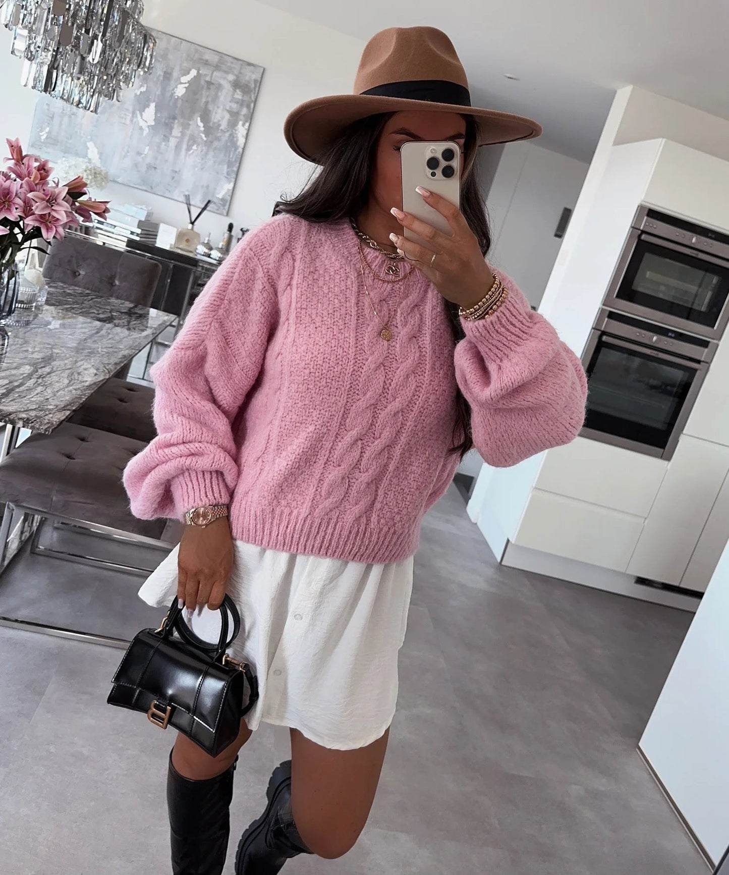 Damen Grobstrickpullover Voluminöse Ärmel Zopfmuster