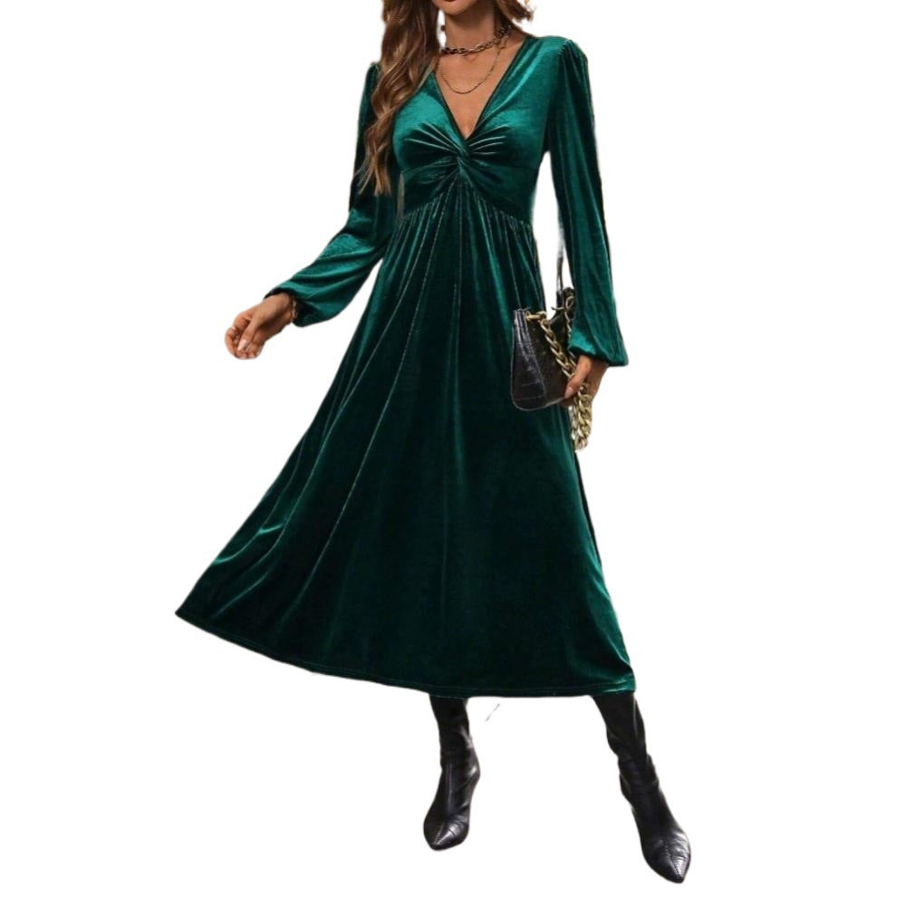 Damen Samt-Kleid Midi Wickeldesign V-Ausschnitt Eveloria