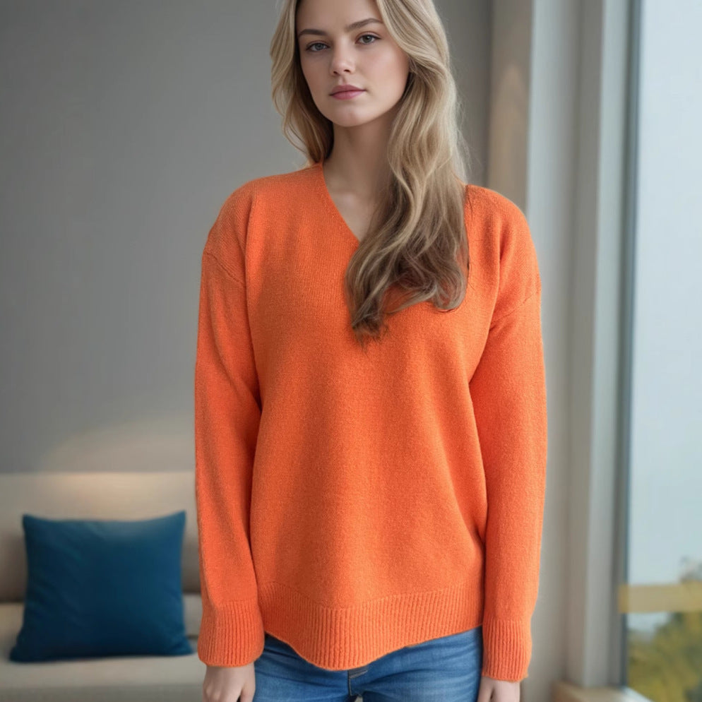 Damen Pullover V-Ausschnitt Weiches Strickmaterial Beige