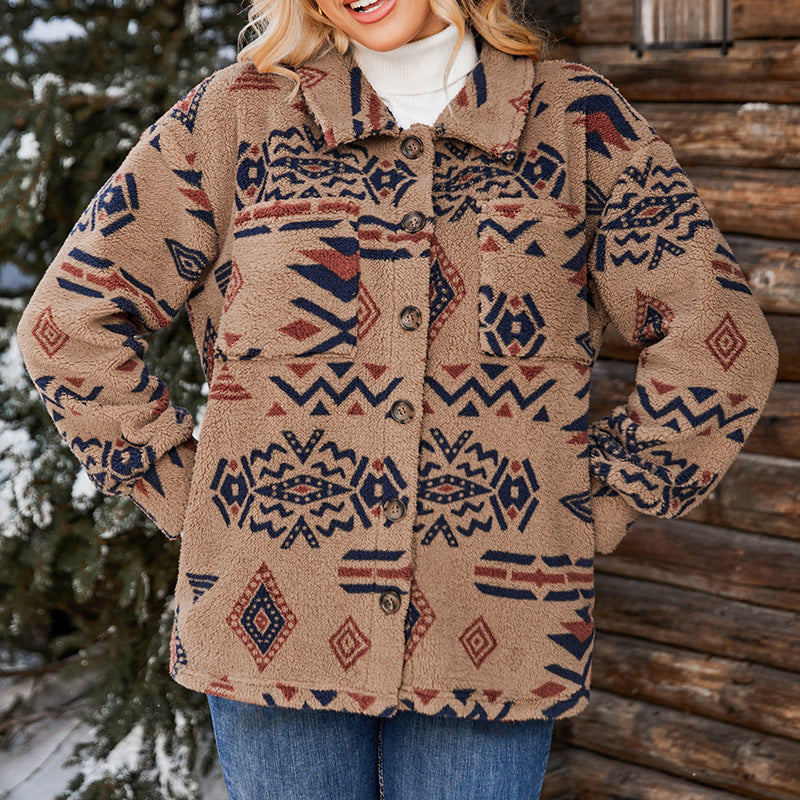 Damen Oversized Teddyjacke Reverskragen Geometrisches Muster