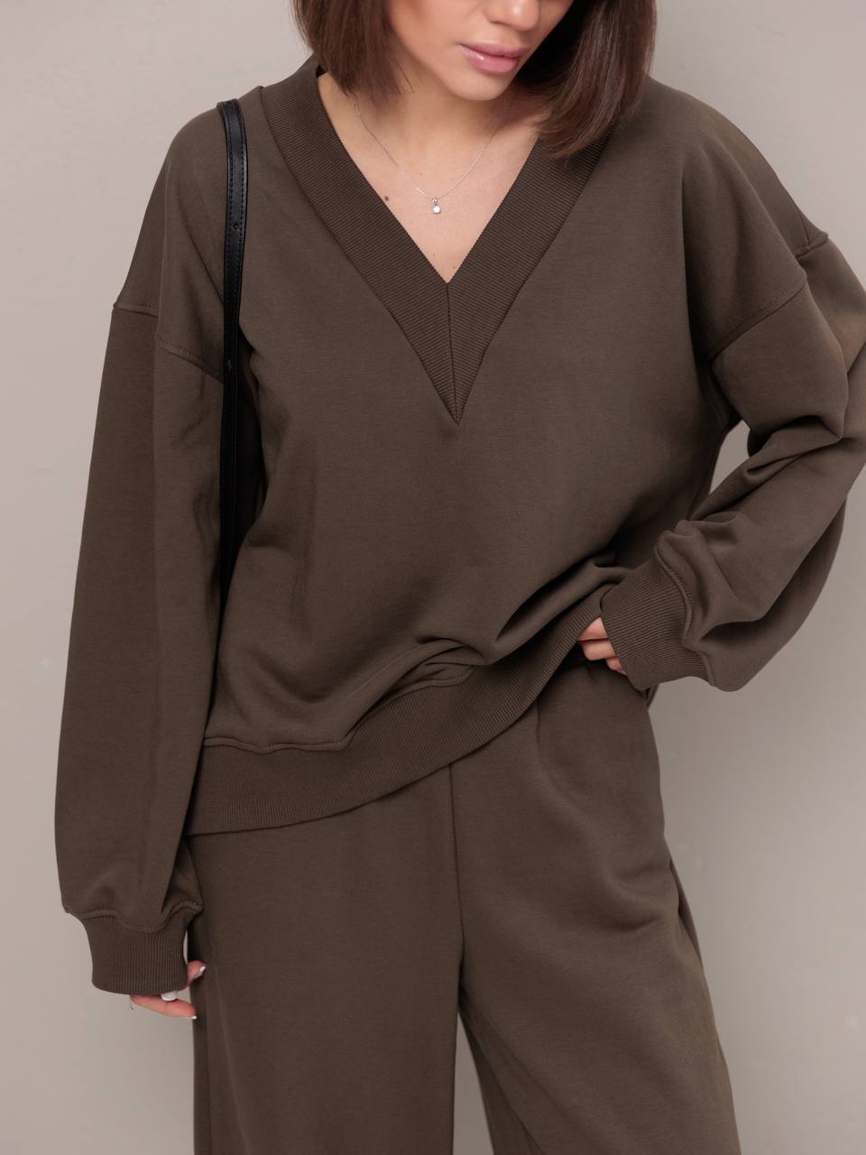 Damen Oversized Sweatshirt V-Ausschnitt Länge Lang Ärmel Grau