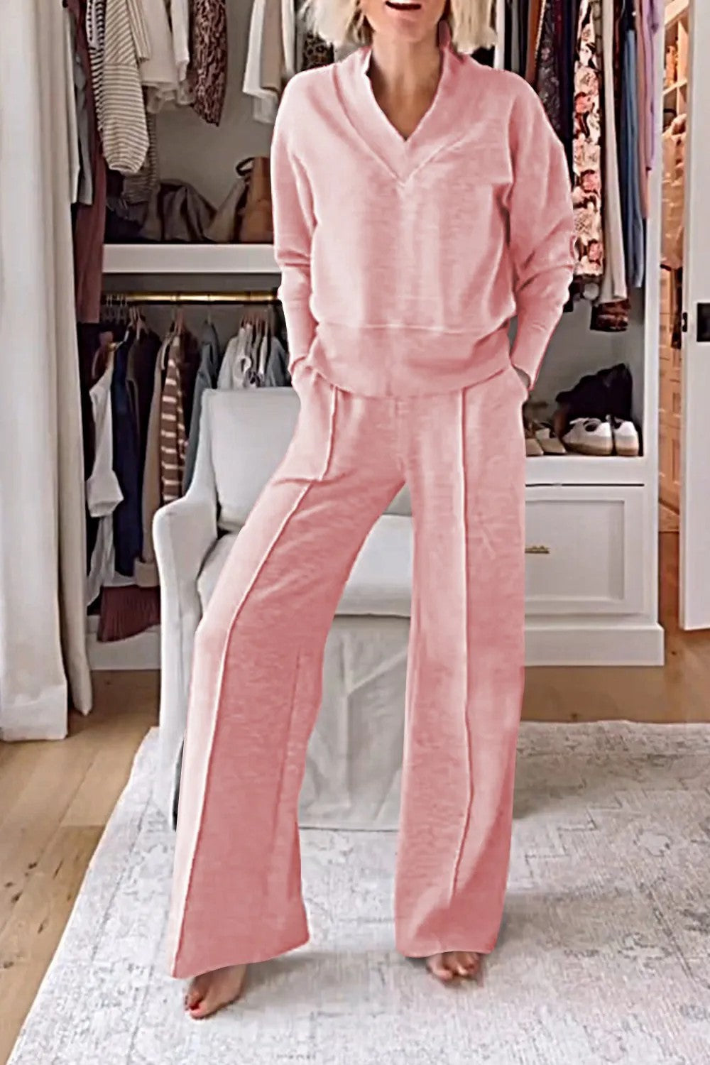 Damen Loungewear-Set V-Ausschnitt Weite Passform Eveloria