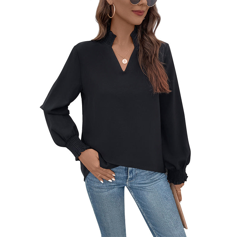 Damen Viskosebluse mit Puffärmeln und V-Ausschnitt