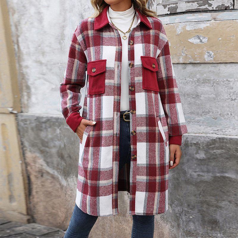 Damen Karierte Langarmjacke Baumwolle Moderner Schnitt weiß