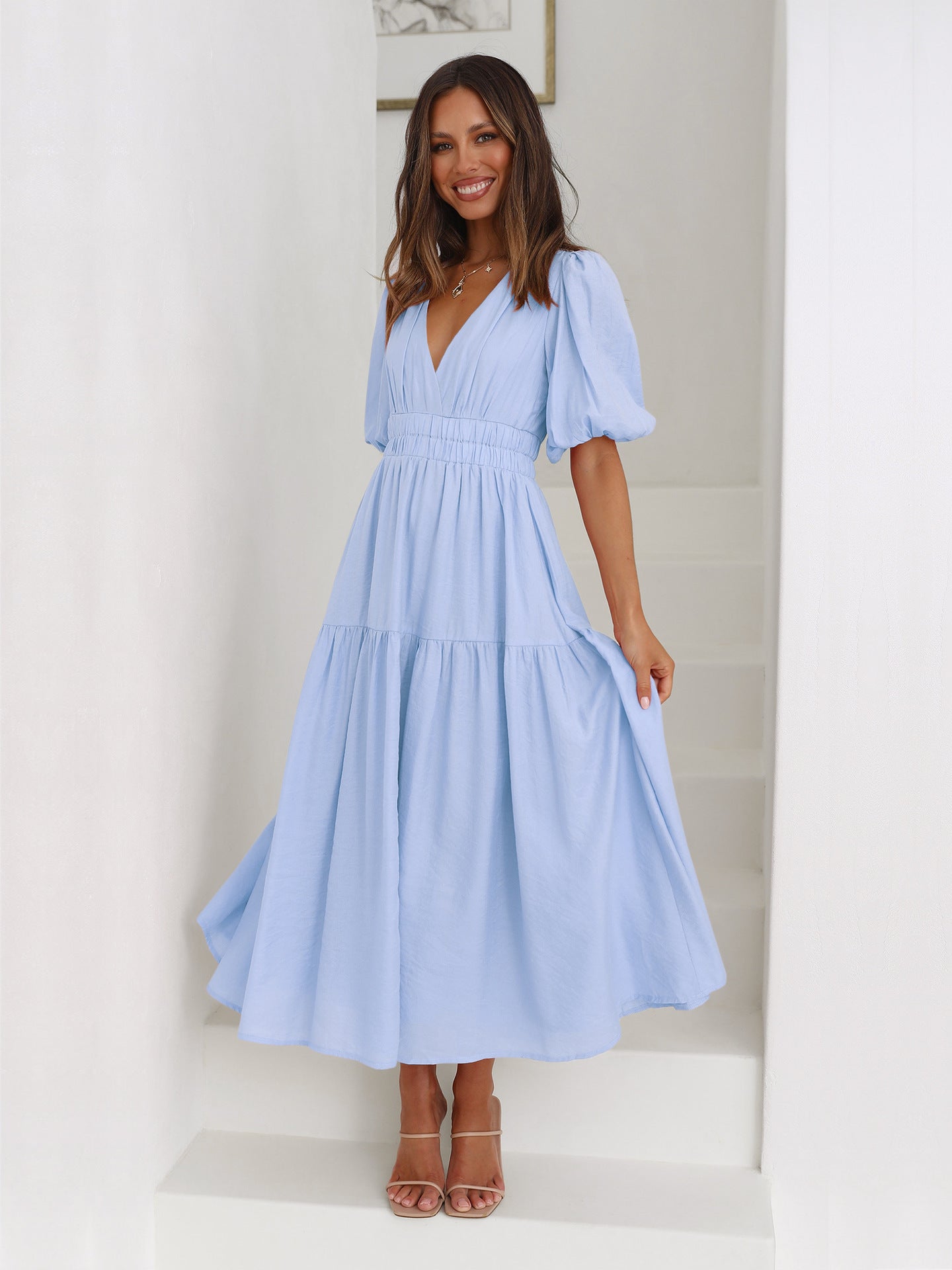 Damen Maxikleid V-Ausschnitt Puffärmel Eveloria