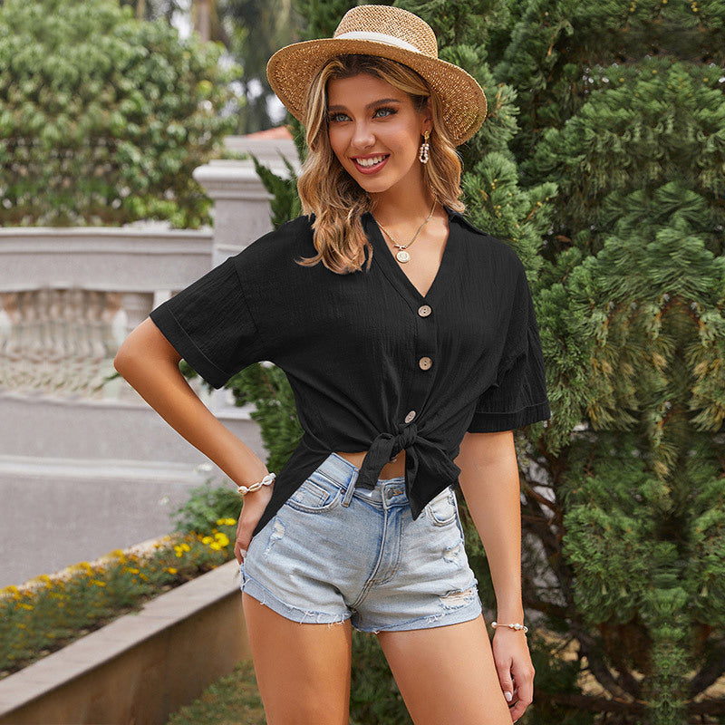 Damen Bluse mit kurzen Ärmeln und Druckknopfverschluss Eveloria