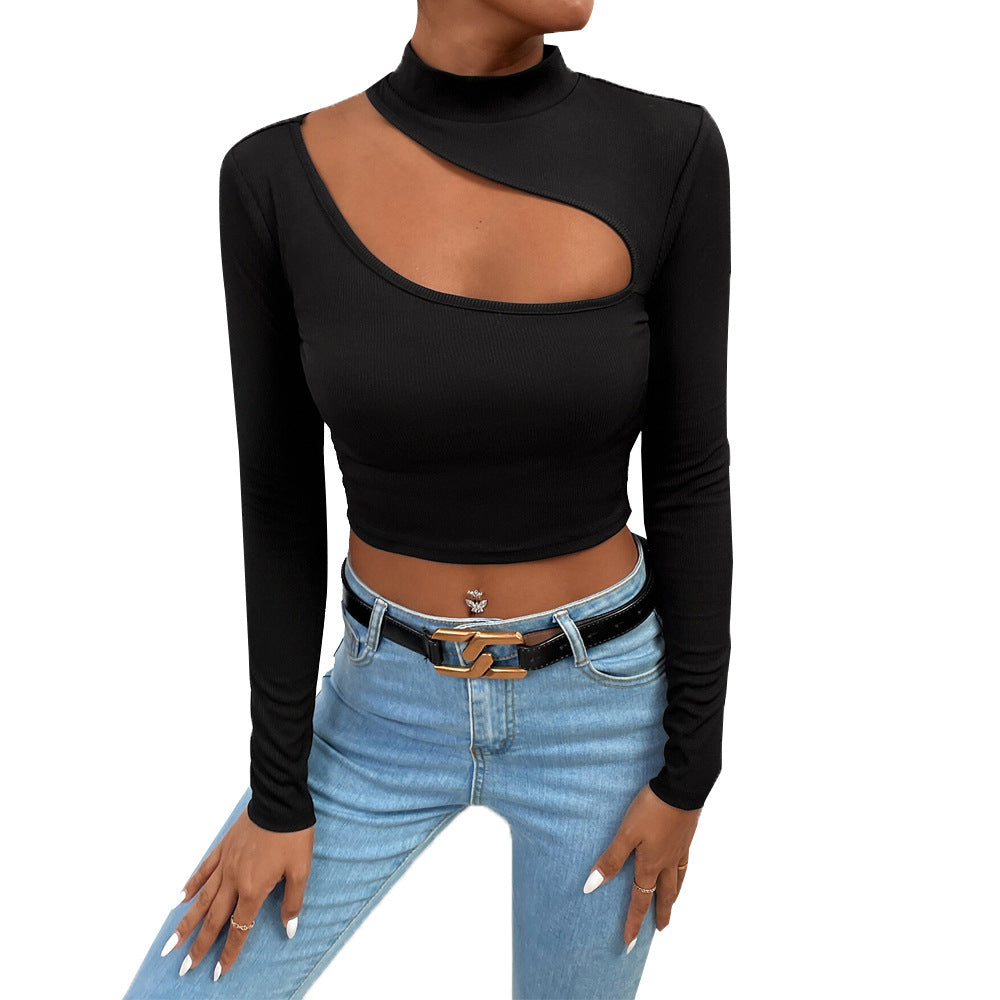 Damen Langarm Crop Asymmetrischer Ausschnitt Stehkragen Eveloria